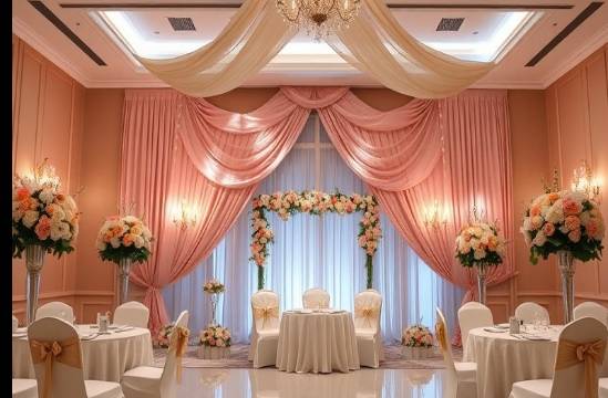 Luxury birthday decor in a palatial space with floral ambience and satin drapes.