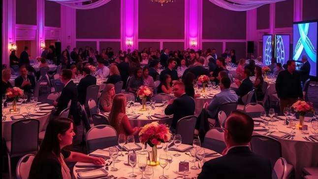Luxurious event planning with precision, featuring a happy crowd and elegant uplighting.